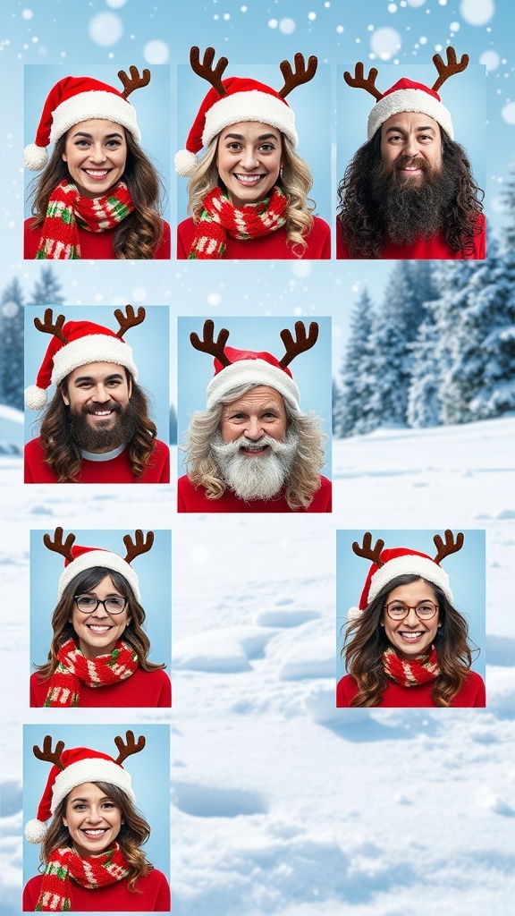 Christmas Matching Profile Pictures for 7 People Seven matching Christmas profile pictures with festive characters and snowy background.